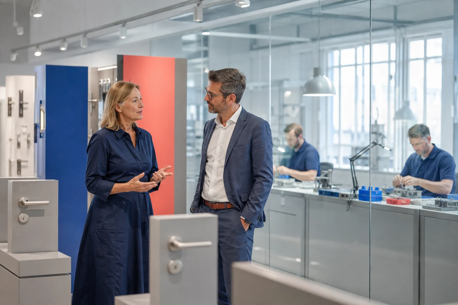Zwei Personen besprechen Beschläge in einem Ausstellungsraum